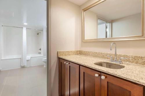 a bathroom with a sink and a mirror and a toilet at Comfort Inn Conference Center Bowie in Bowie