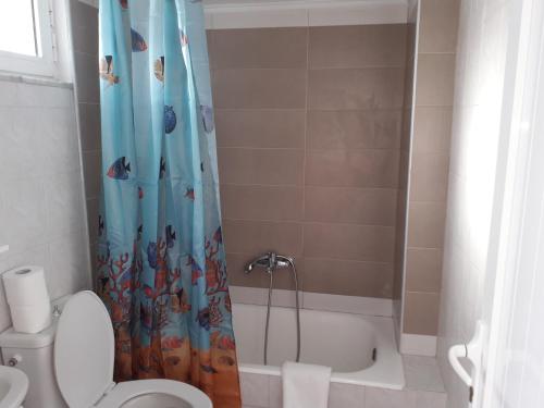 a bathroom with a shower curtain with a toilet and a tub at Petasos Apartments 2 in Gennadi