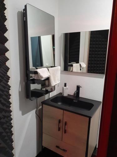 uma casa de banho com um lavatório e um espelho em Studio hot 
