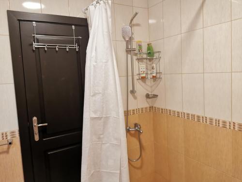 a shower with a white shower curtain in a bathroom at Tindaya Apartments in Aheloy