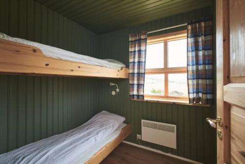 a green room with a bunk bed and a window at Geysir Cabins - Golden Circle Cabin only 800m from Geysir in Selfoss