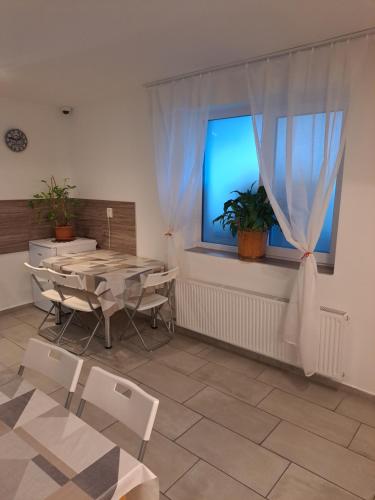 a dining room with a table and a window at Apartmány Amália in Piešťany