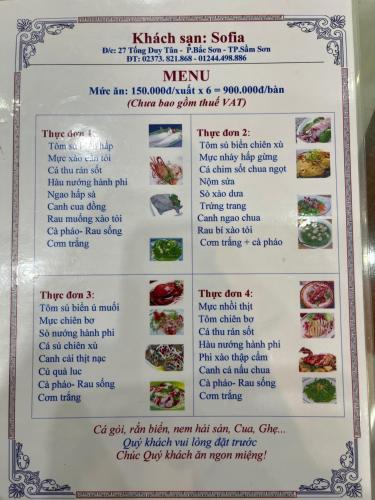 un menú para el restaurante kiryat son sahib en Sofia Tống Duy Tân, en Sầm Sơn