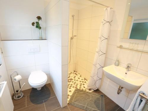 a bathroom with a shower and a toilet and a sink at Ferienwohnung Kebben in Kirchhundem