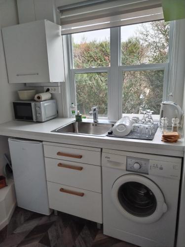 uma cozinha com um lavatório e uma máquina de lavar roupa em Appartement indépendant Ô Bohème em Fourqueux