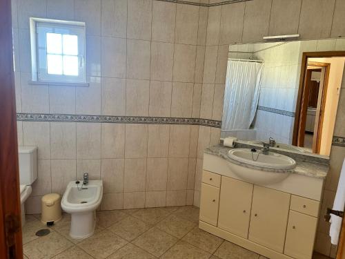 y baño con lavabo, aseo y espejo. en Benvindo Villa en Albufeira