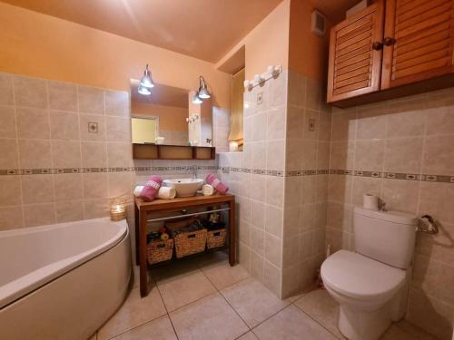 une salle de bain avec une baignoire, des toilettes et un lavabo dans l'établissement La Mordorée, maison ancienne jacuzzi, à Rivière-sur-Tarn