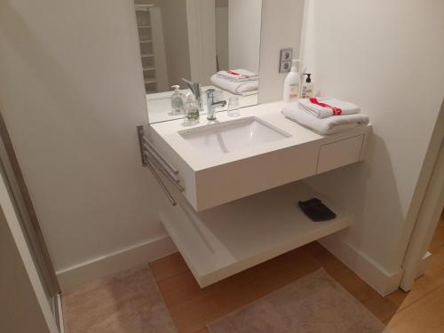 La salle de bains est pourvue d'un lavabo blanc et d'un miroir. dans l'établissement Business Accommodation 'Flow' Nomad, à Geel