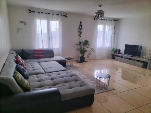 un salon avec un canapé et une télévision dans l'établissement chez H&M, à Saint-Cyr-lʼÉcole