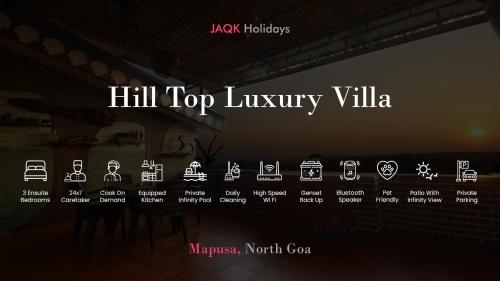 a sign that says hill top luxury villa with symbols at Hill Top Luxury Villa - 3 BHK || Infinity Pool in Mapusa