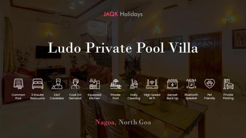 een bord voor een kamer met een tafel met witte borden bij Ludo Private Pool Villa, WiFi-Caretaker-Parking, North Goa in Baga