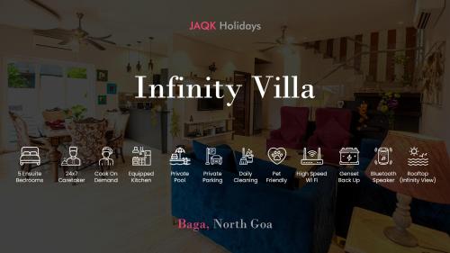 una señal para una villa de borde infinito en una sala de estar en Infinity Villa, 5BHK-Private Pool-Caretaker, Baga en Baga