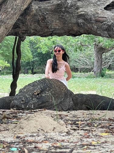 une femme debout au sommet d'un crocodilian dans l'établissement DAV Travels, à Labuan Bajo