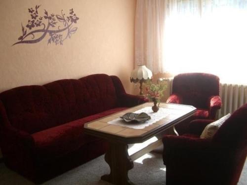 Sala de estar con 2 sofás y mesa de centro en Freistehendes Ferienhaus in ruhiger Lage - b58107 en Großbreitenbach