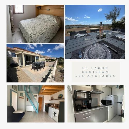 un collage de photos d'une cuisine et d'une maison dans l'établissement Le lagon vue dégagée, à Gruissan