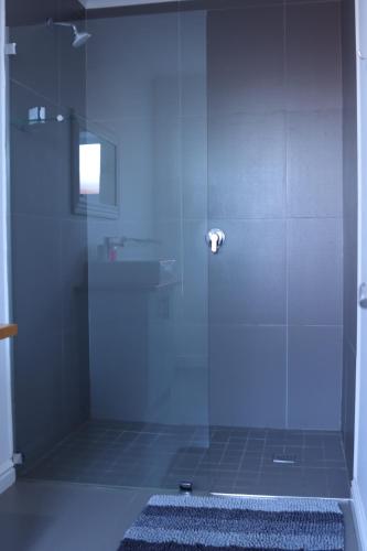 W łazience znajduje się prysznic ze szklanymi drzwiami. w obiekcie Ocean View - The Unit w mieście Knysna