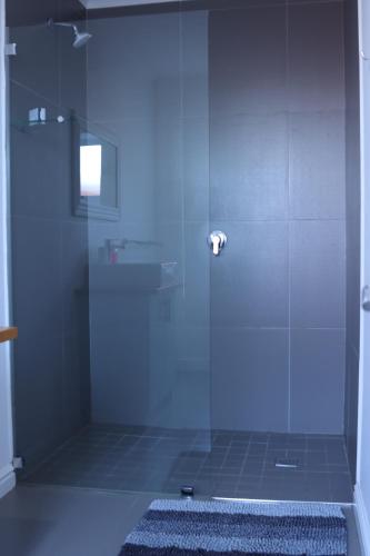 a bathroom with a shower with a glass door at Ocean View - The Unit in Knysna