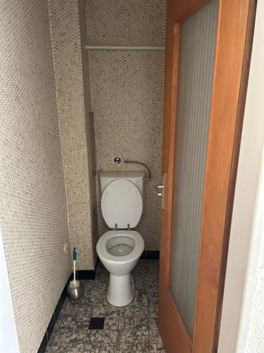 - une salle de bains avec toilettes dans une cabine dans l'établissement 1 Zimmer wohnung In der Nähe vom Frankfurter Flughafen, à Kelsterbach