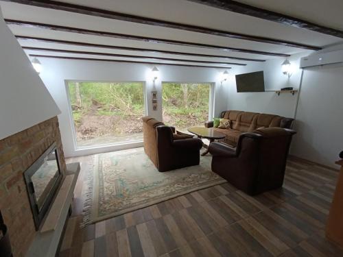 uma sala de estar com dois sofás e uma lareira em Villa Kaan em Trnovo