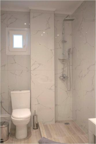 a white bathroom with a toilet and a shower at PANGEA in Limenaria