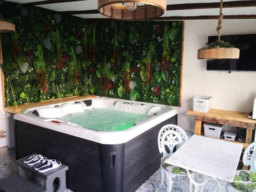 une baignoire jacuzzi dans une chambre avec un mur vert dans l'établissement V&Spa 2 chambres d'hôtes avec Spa privatif dont une avec un Sauna, à Saint-Martin-Boulogne