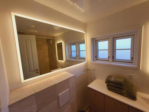 uma casa de banho com um espelho grande e um lavatório em Tinghus Flat em Skagen