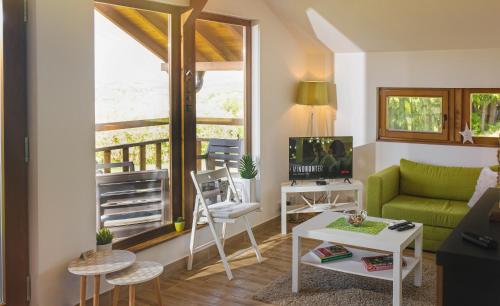 un soggiorno con divano verde e TV di LIPA houses & spa a Sopot