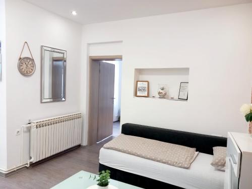 Apartment Centar في سلافونسكي برود: غرفة معيشة مع أريكة سوداء وبيضاء