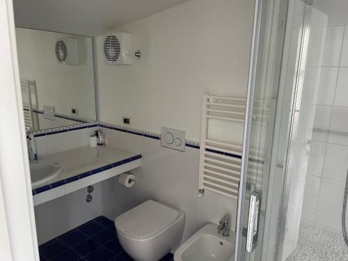 uma casa de banho com um WC, um lavatório e um espelho. em Villa at Casalbordino Mare em Casalbordino