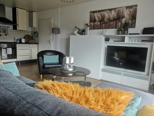 Una sala de estar con un sofá y un televisor. en diemelseeholiday Ferienwohnung am Diemelsee mit Balkon, en Diemelsee