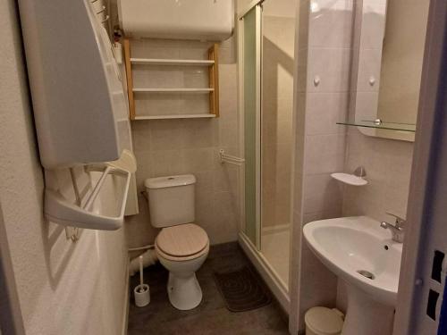 une petite salle de bain avec toilettes et lavabo dans l'établissement T1 cosy 2 étoiles avec animaux, lave-linge et cuisine équipée - FR-1-571-24, à Balaruc-les-Bains