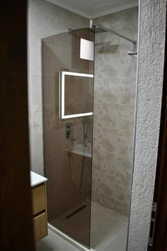 a shower with a glass door and a sink at Villa Marinero in Ulcinj