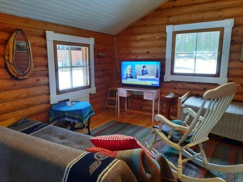 a living room with a couch and a tv in a cabin at Lomamökki Haapajärven rannalla in Jyrkkä