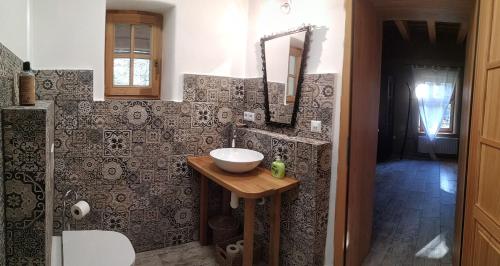 a bathroom with a sink and a mirror at Chalupa Nonnetit in Vápenice