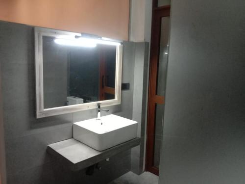 a bathroom with a white sink and a mirror at Coza Ceylon in Karagampitiya