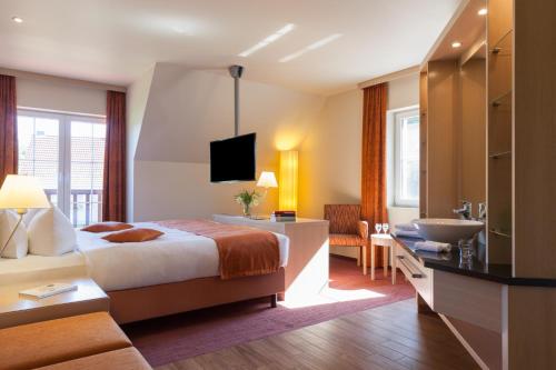a hotel room with a bed and a sink at Logis Hôtel Kur- und Wellnesshaus Spree Balance in Burg