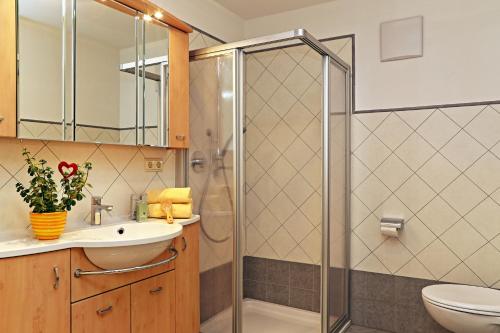 a bathroom with a shower and a sink and a toilet at Ferienhaus Berger in Sarntal