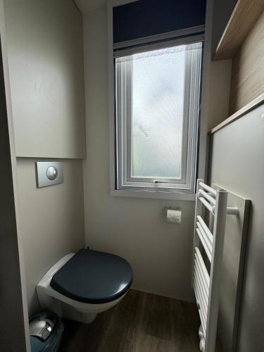 a small bathroom with a toilet and a window at Palazzo delle Biscie - Old Tower & Village in Molinella