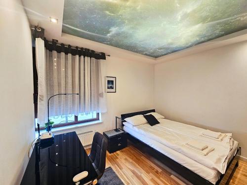 um quarto com uma cama e um quadro no tecto em Piernikowy Apartament 52 em Toruń
