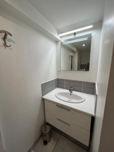 a bathroom with a sink and a mirror at Villa Marmillons in Aix-les-Bains