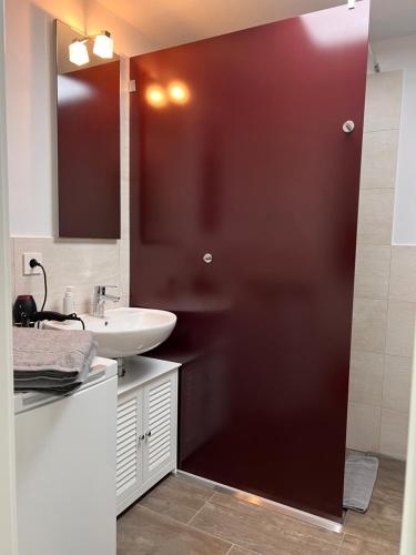 baño con puerta roja y lavamanos en Exklusives Business & Living Apartment en Rostock