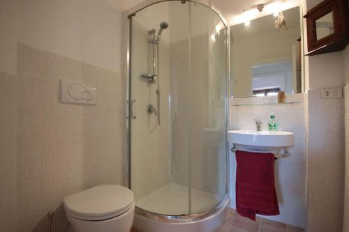ein Bad mit einer Dusche, einem WC und einem Waschbecken in der Unterkunft la casetta nel borgo in Ischia di Castro