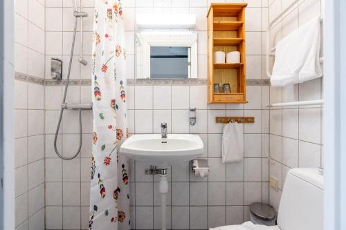 a bathroom with a sink and a shower curtain at Lövåsgårdens Fjällhotell in Lövåsen