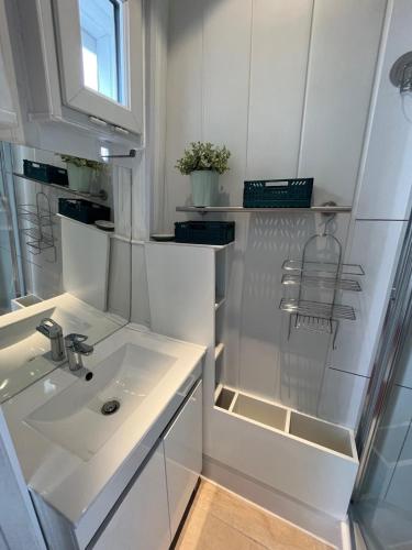 une salle de bain blanche avec un lavabo et une douche dans l'établissement Saint Antoine CityCosy, à Paris