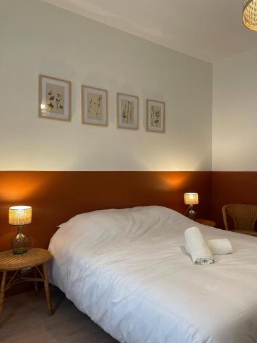 une chambre avec un grand lit blanc avec deux lampes dans l'établissement Les appartements d'Albertine - Pauline, à Bourges