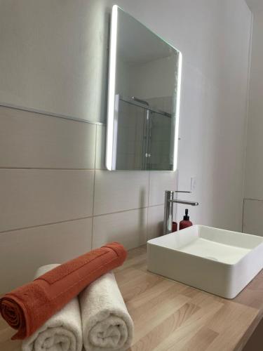 une salle de bain avec un lavabo, un miroir et des serviettes dans l'établissement Les appartements d'Albertine - Pauline, à Bourges