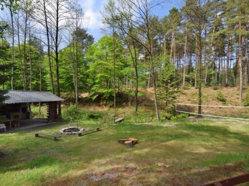 a large yard with a cabin in the woods at Nad Strumykiem in Koszele