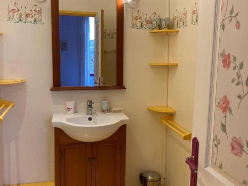 une salle de bain avec un lavabo et un miroir dans l'établissement Grande maison à Gruissan - 13 couchages, salle de jeux, Wi-Fi, à côté du marché et restaurants - FR-1-784-12, à Gruissan