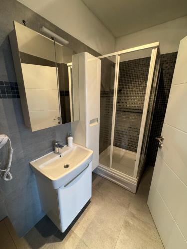 a bathroom with a sink and a shower at XL Apartman in Teslić