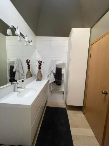 een badkamer met een wastafel en een spiegel bij Spacious & luxurious family home w hot & cold tub & sauna in Reykjavík